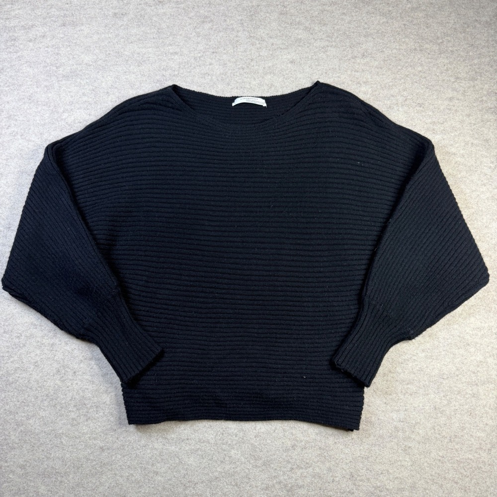 Anthropologie Black Ribbed Batwing Sleeve Boat Neck Sweater Small